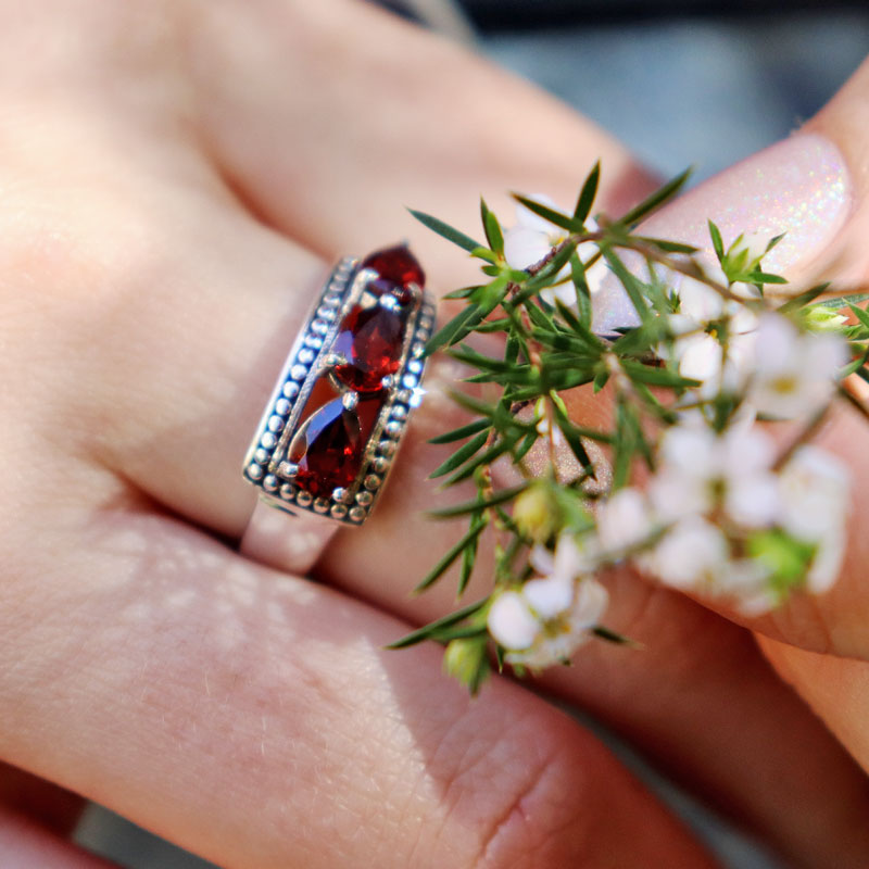 garnet silver gemstone ring