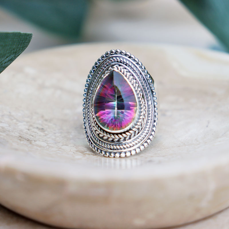 mystic topaz teardrop silver gemstone ring