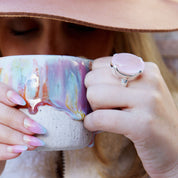 chunky rose quartz silver gemstone oval ring