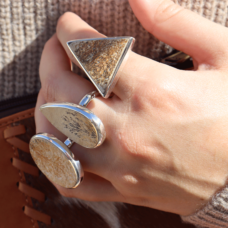 triangle silver leaf jasper gemstone ring