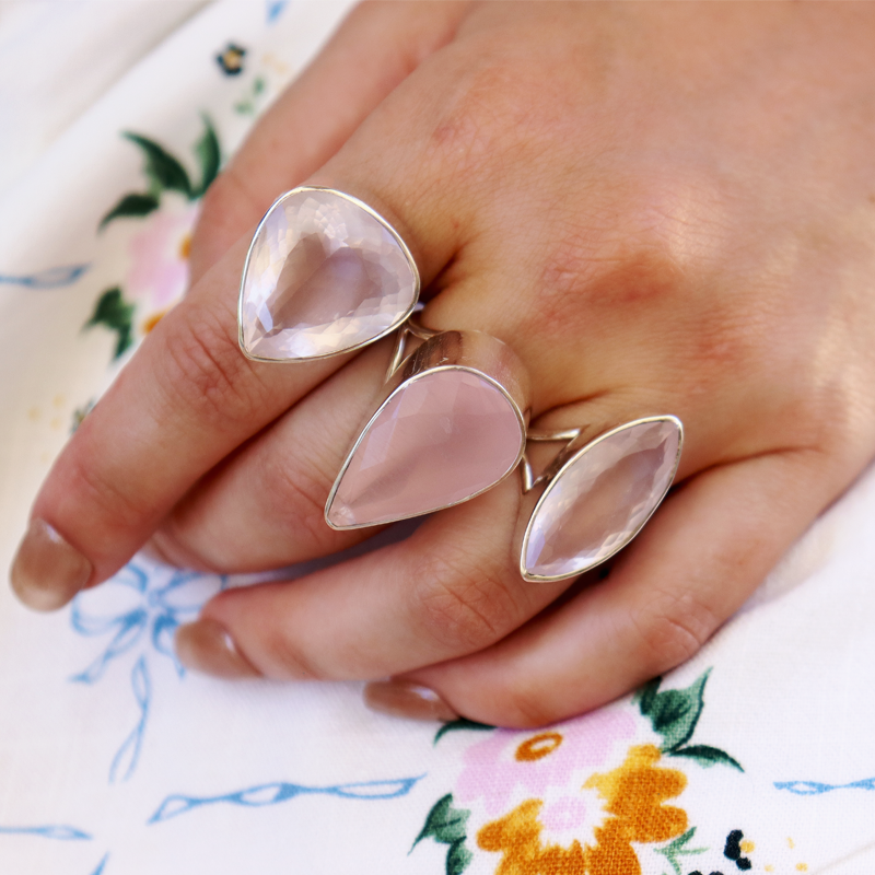large rose quartz sterling silver gemstone ring