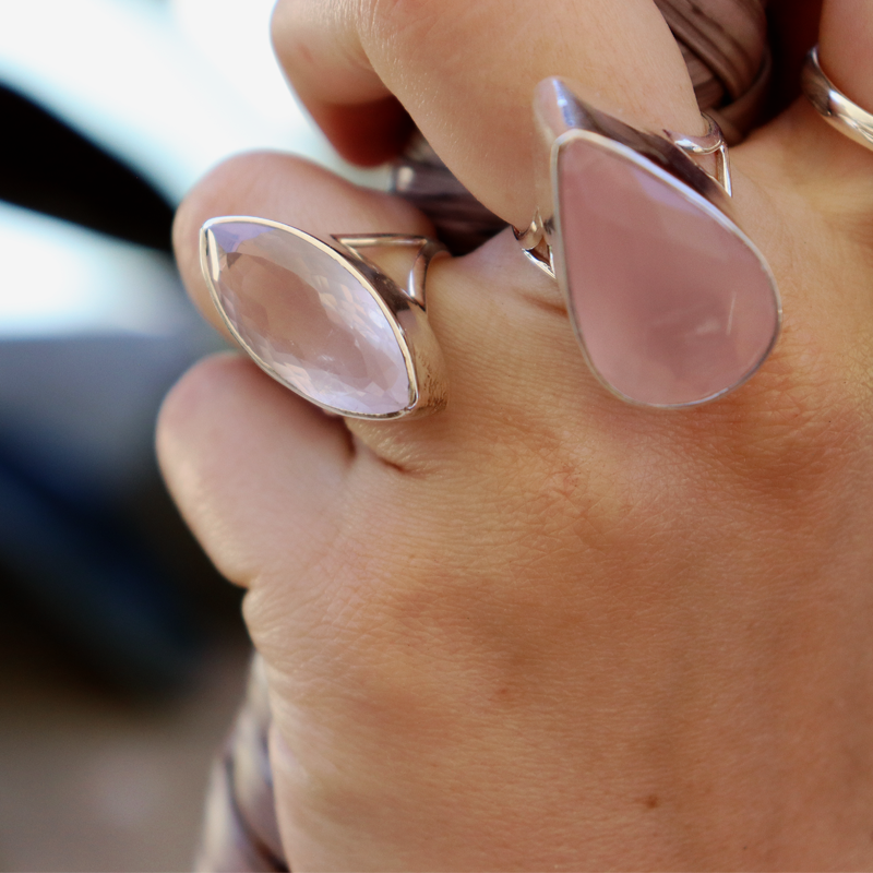 large rose quartz sterling silver gemstone ring