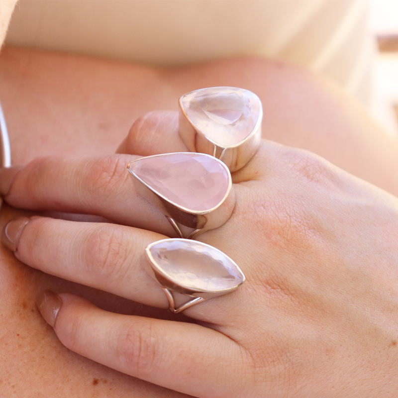 large rose quartz sterling silver gemstone ring