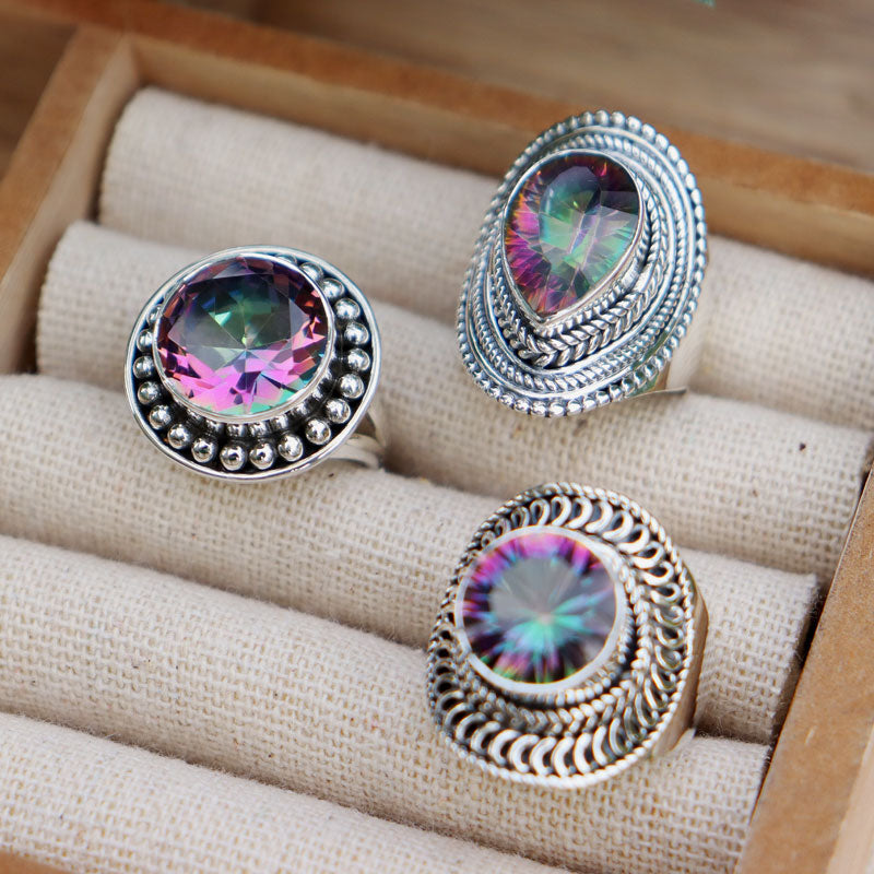 mystic topaz silver gemstone ring