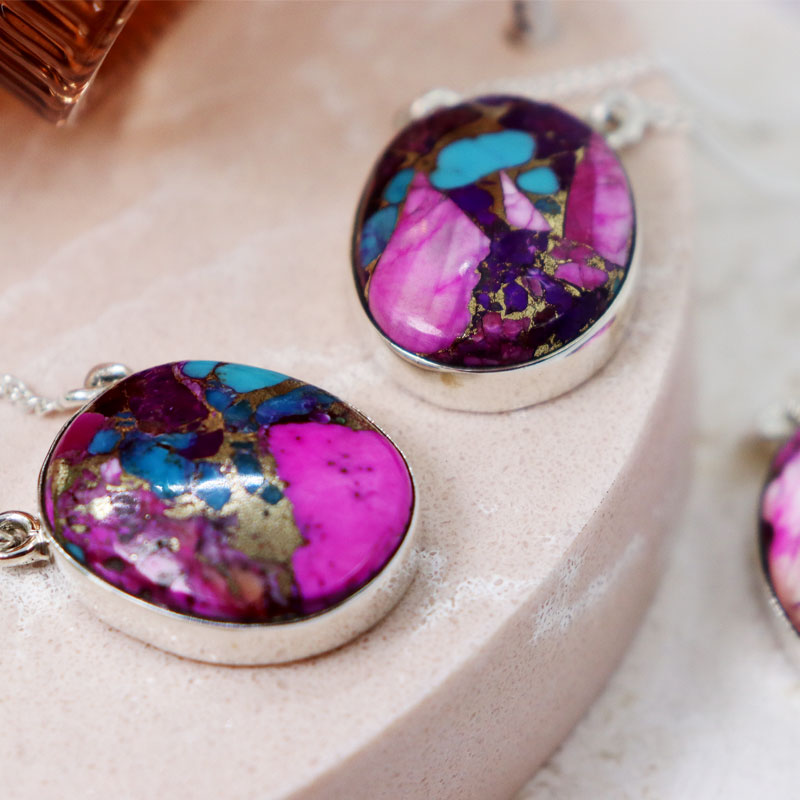 pink dahlia turquoise silver gemstone pendant