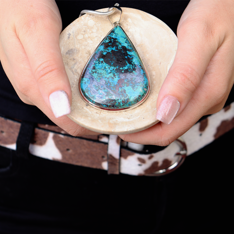 large shattuckite teardrop sterling silver gesmtone pendant