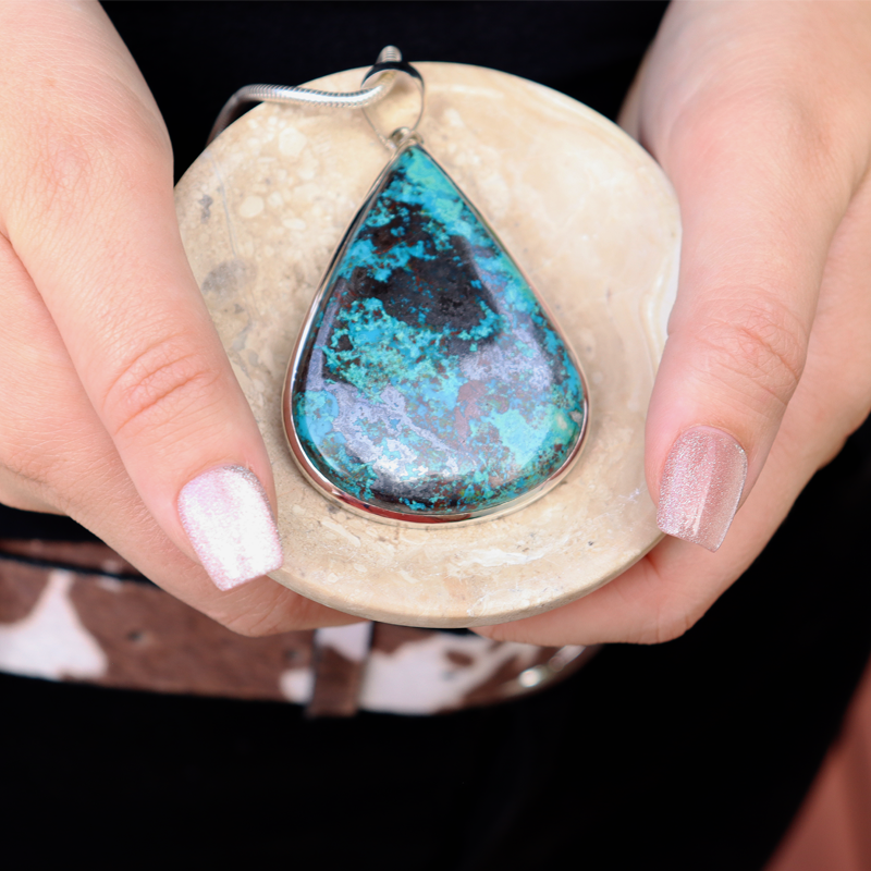 large shattuckite teardrop sterling silver gesmtone pendant