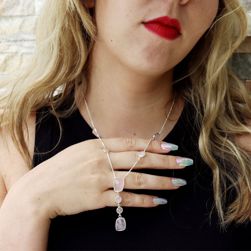 rose quartz silver gemstone necklace