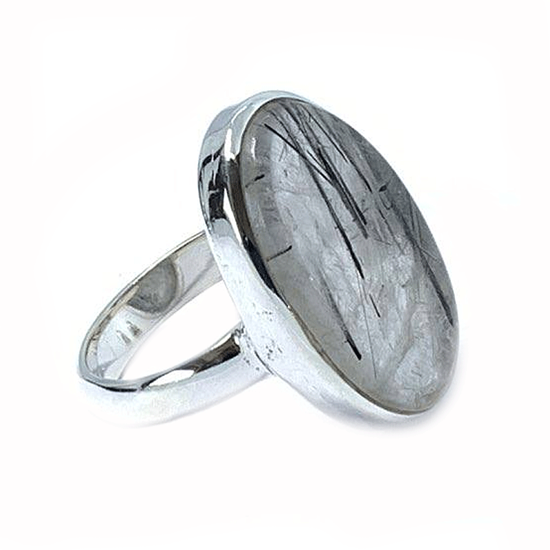 black rutilated quartz silver gemstone ring