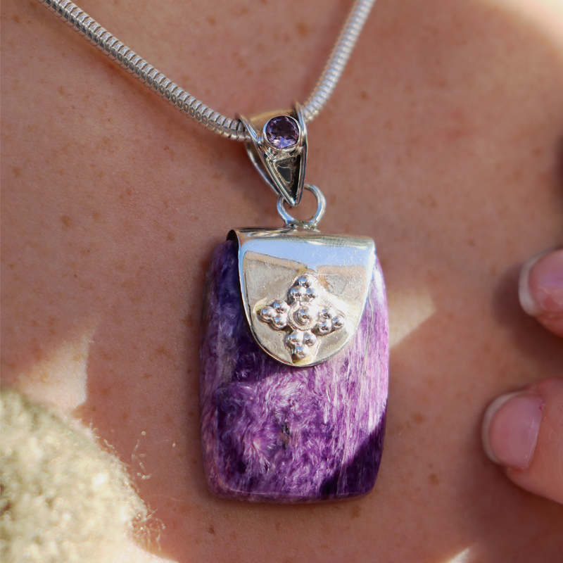 charoite amethyst sterling silver gemstone pendant
