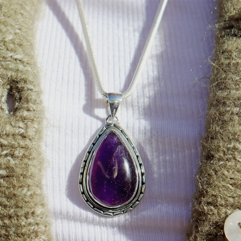 Amethyst teardrop sterling silver gemstone pendant