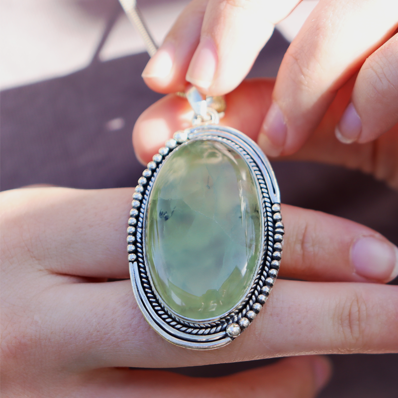 large prehnite oval sterling silver gemstone pendant