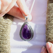 Amethyst teardrop sterling silver gemstone pendant