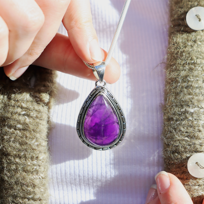 Amethyst teardrop sterling silver gemstone pendant
