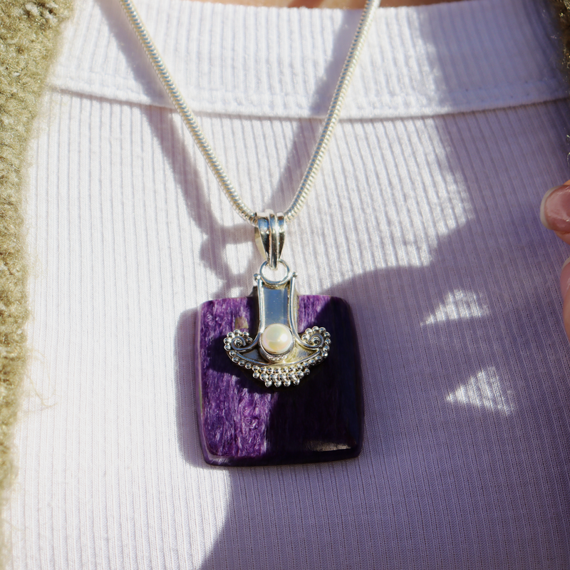 charoite pearl sterling silver gemstone pendant