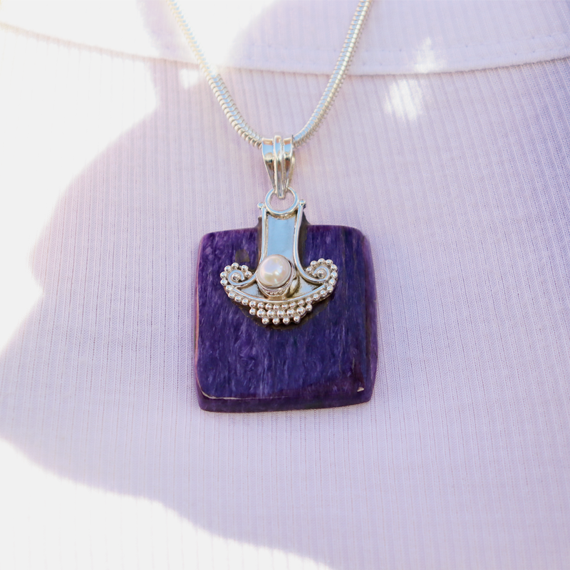 charoite pearl sterling silver gemstone pendant