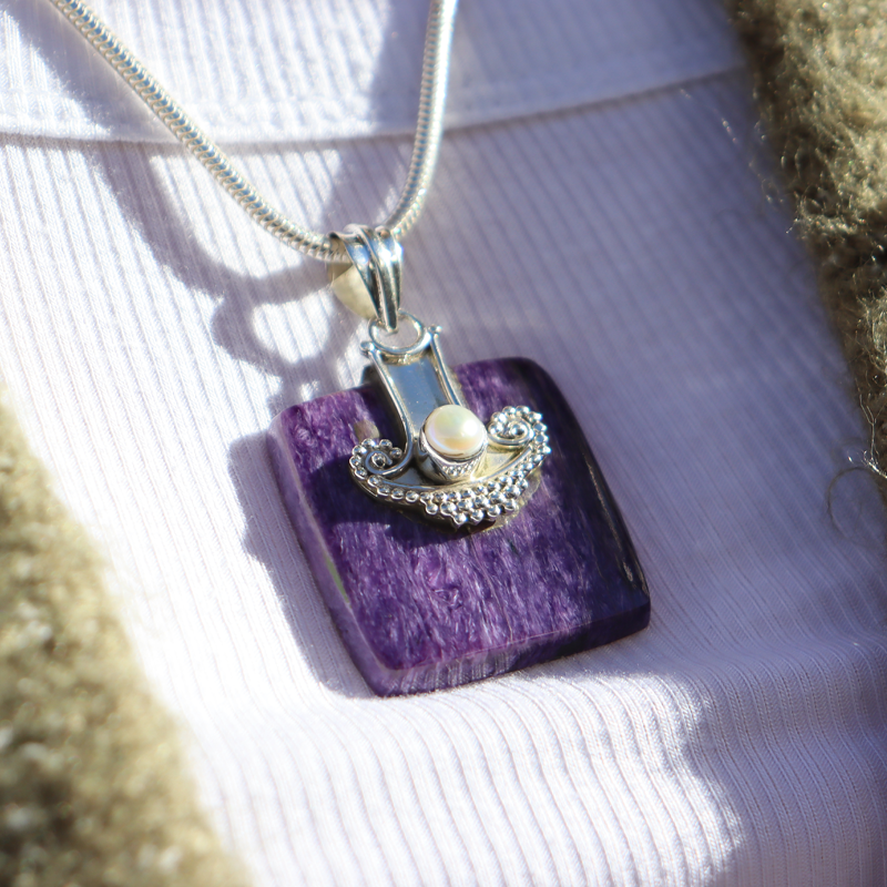 charoite pearl sterling silver gemstone pendant
