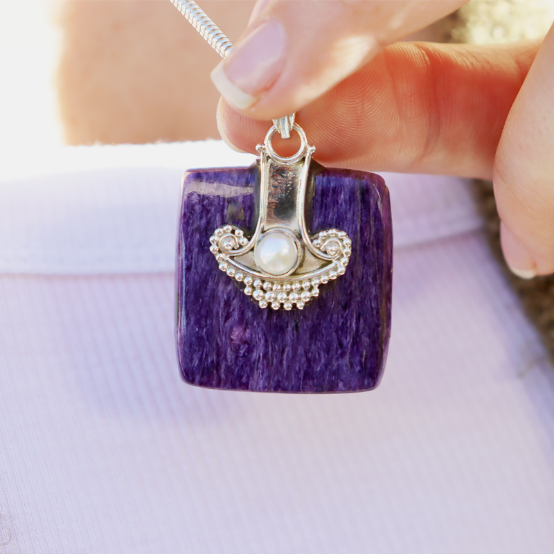 charoite pearl sterling silver gemstone pendant