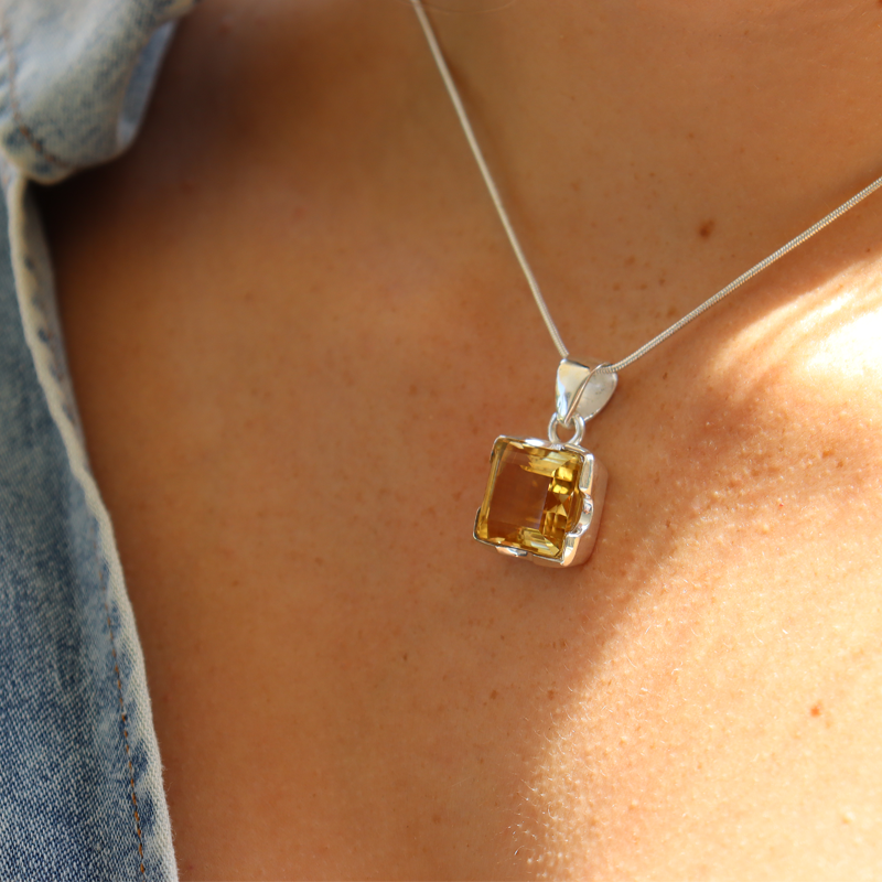 emerald cut citrine sterling silver gemstone pendant