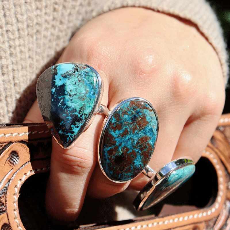 large oval shattuckite gemstone silver ring