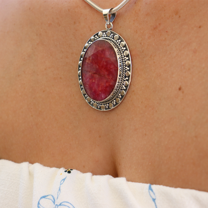big oval ruby quartz sterling silver pendant