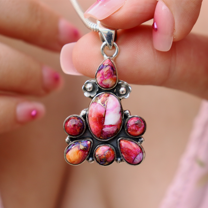 pink dahlia sterling silver gemstone pendant