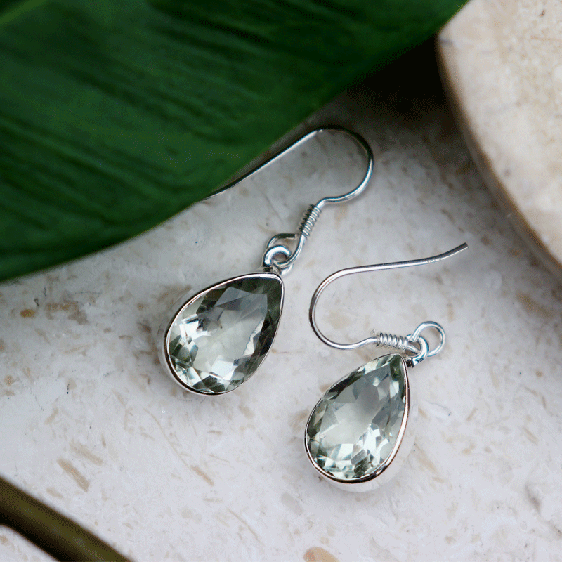 green amethyst teardrop silver gemstone earrings
