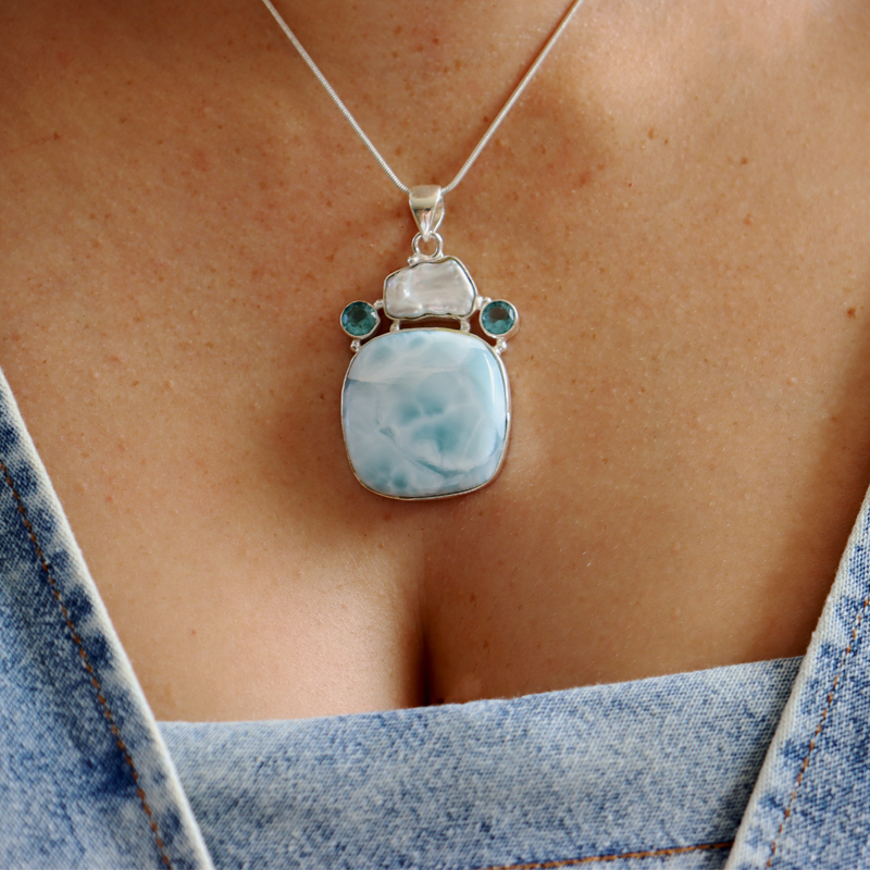 larimar blue topaz pearl sterling silver gemstone pendant