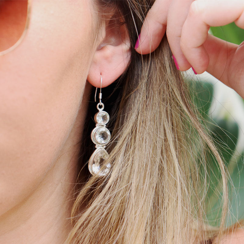 clear quartz triple drop sterling silver earrings