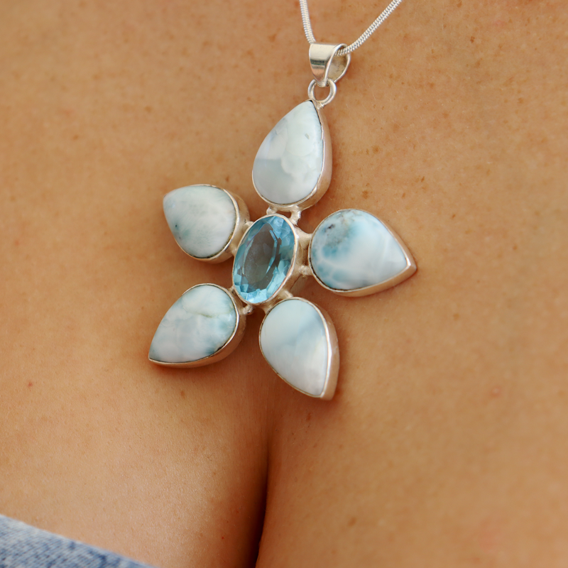 big flower larimar blue topaz sterling silver pendant