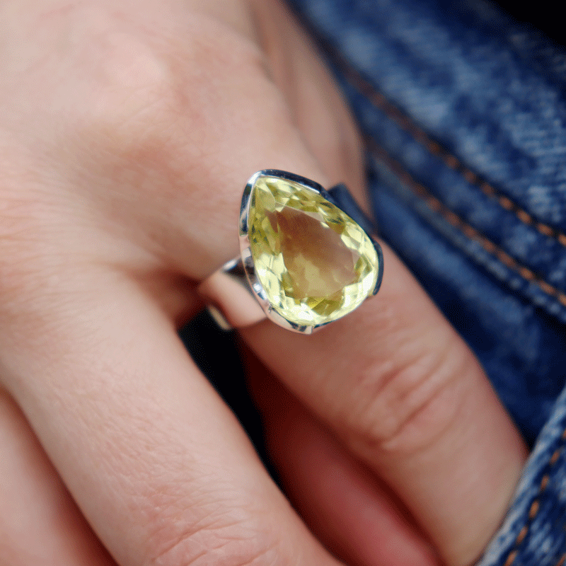 teardrop lemon quartz sterling silver ring