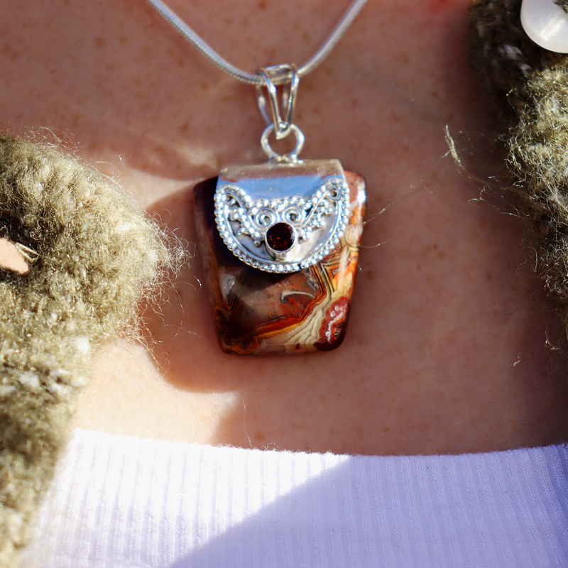 crazy lace agate silver gemstone pendant