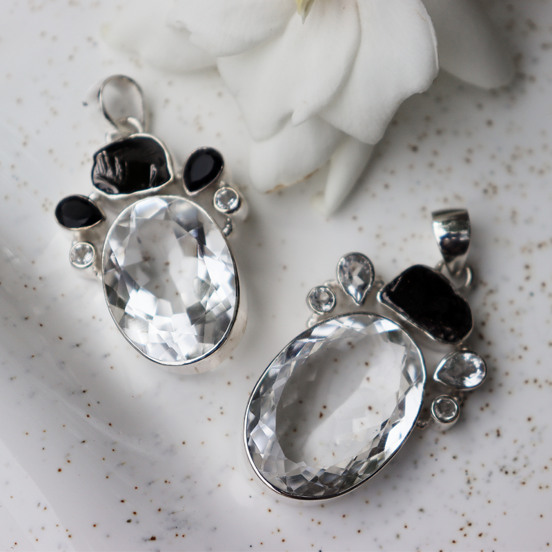 clear quartz hematite sterling silver pendant