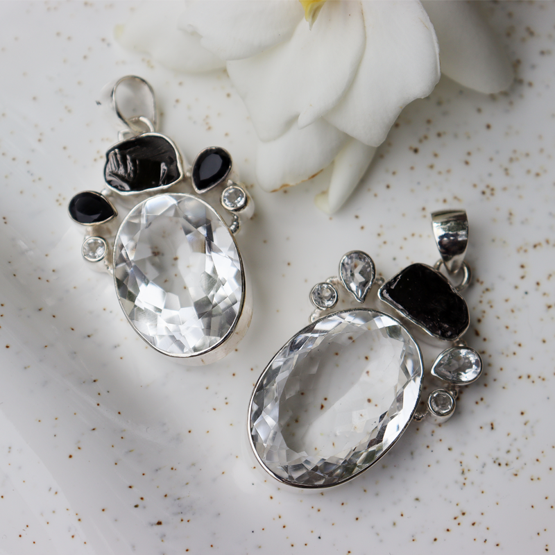 clear quartz hematite sterling silver pendant