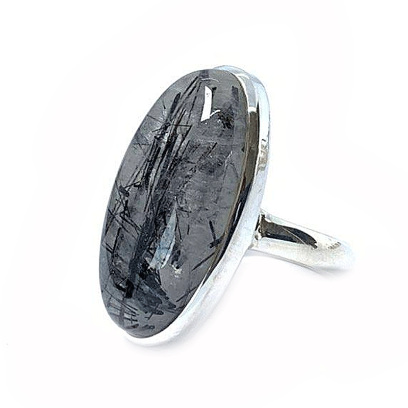 black rutilated quartz silver gemstone ring
