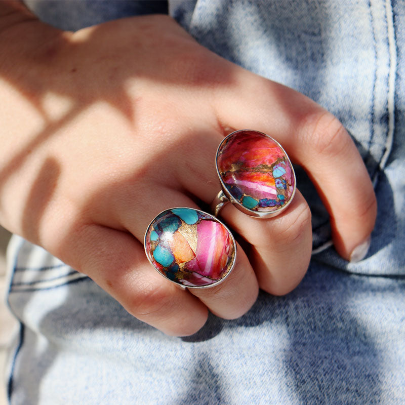 pink dahlia turquoise copper silver gemstone ring