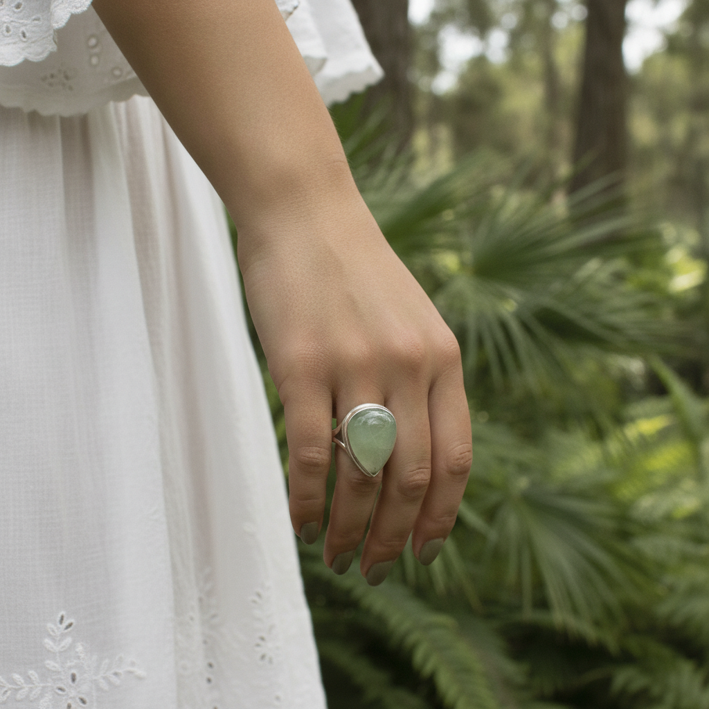 teardrop prehnite sterling silver gemstone ring