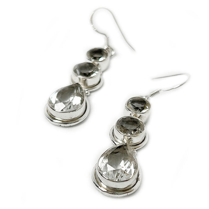 clear quartz triple drop sterling silver earrings