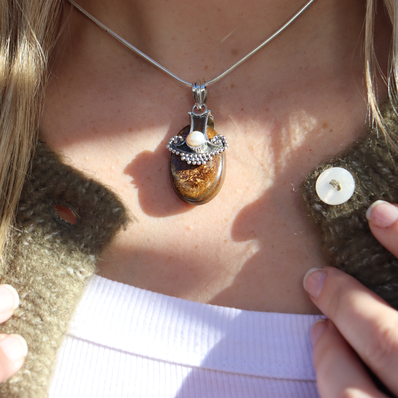 bronzite pearl silver gemtone pendant