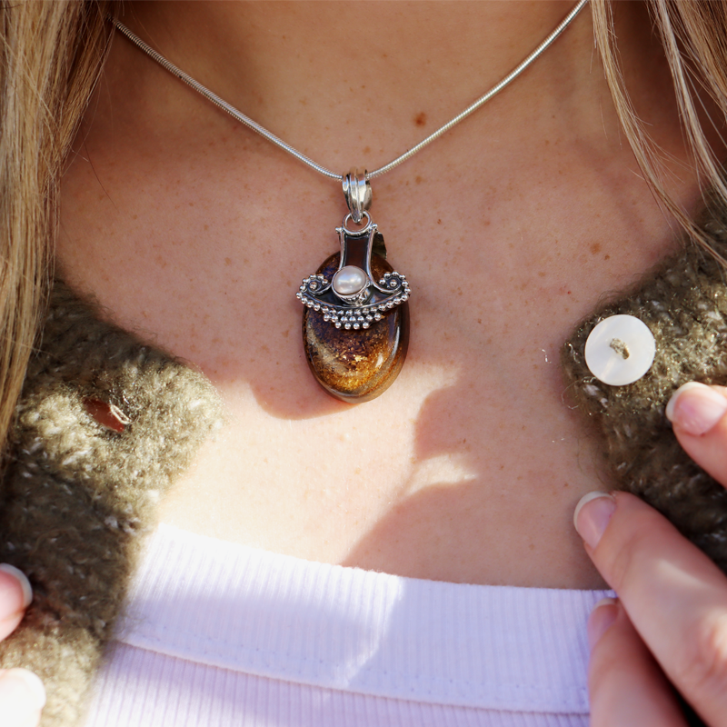 bronzite pearl silver gemtone pendant