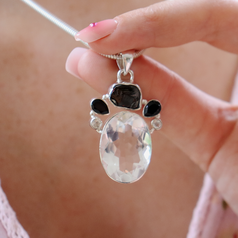 clear quartz hematite black onyx sterling silver gemstone pendant