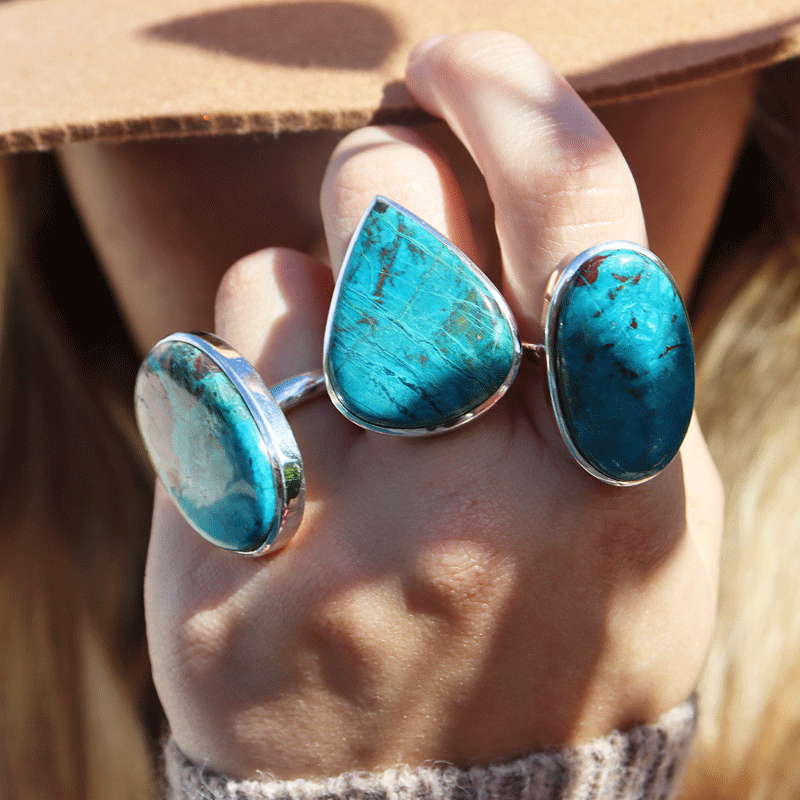 large shattuckite teardrop silver gemstone ring