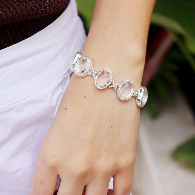 clear quartz silver oval gemstone bracelet