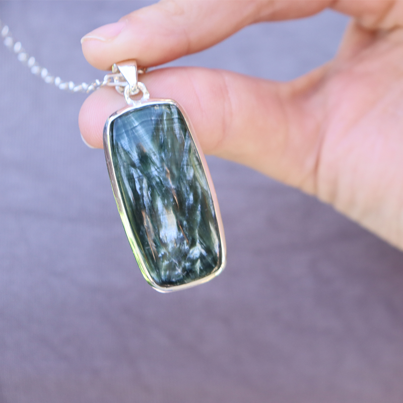 Seraphinite Rectangle Boho Silver Pendant
