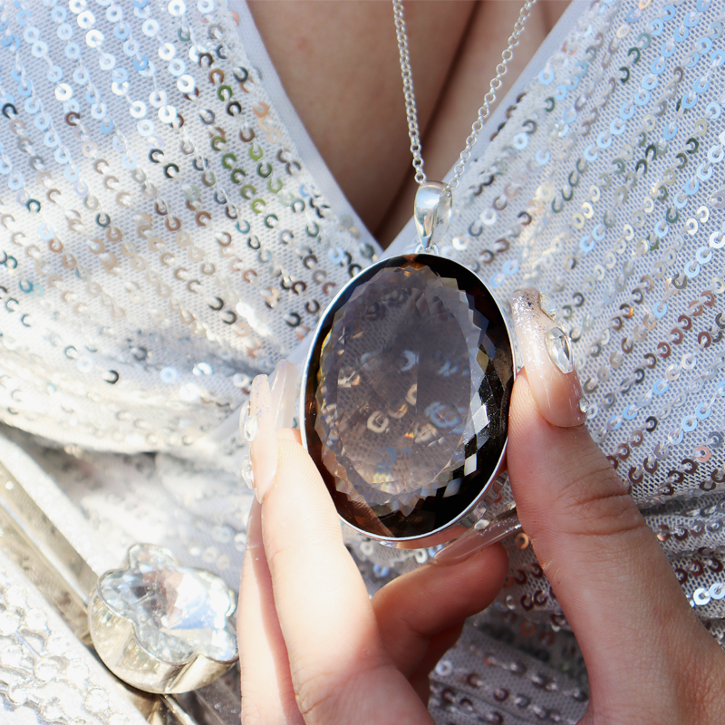 large smoky quartz oval silver gemstone pendant