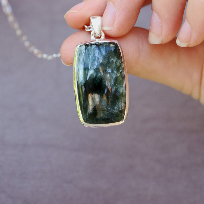Seraphinite Rectangle Boho Silver Pendant