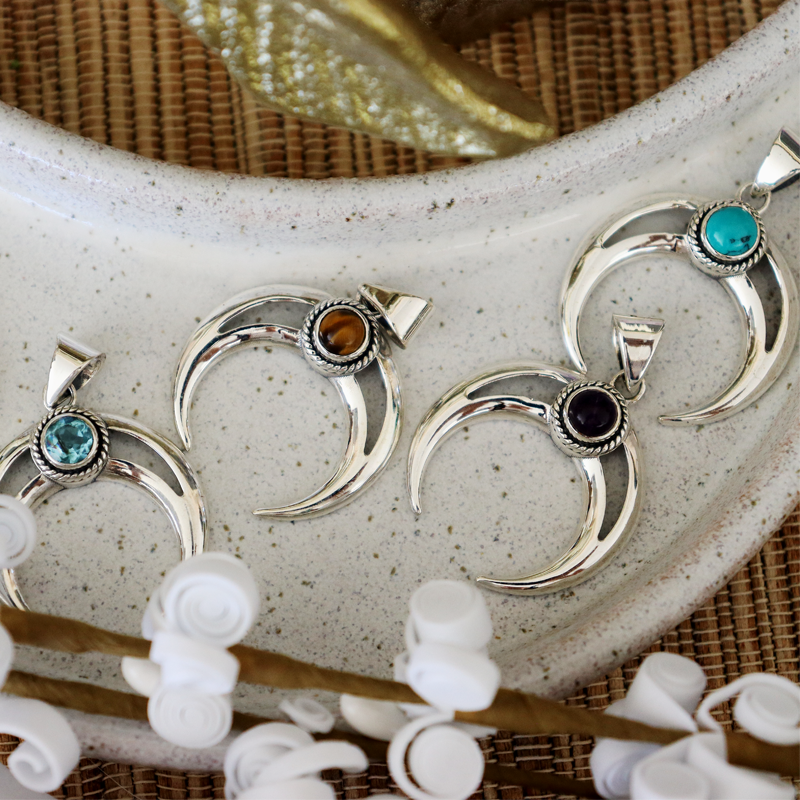 turquoise moon shaped sterling silver gemstone pendant