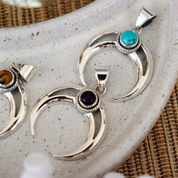 turquoise moon shaped sterling silver gemstone pendant