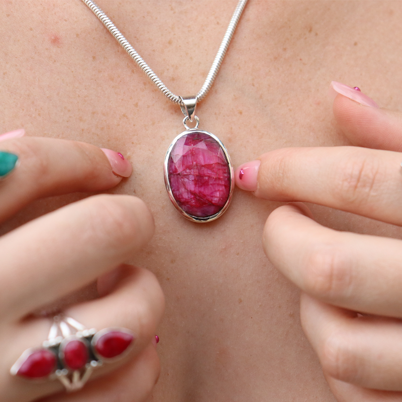 ruby quartz sterling silver oval gemstone pendant