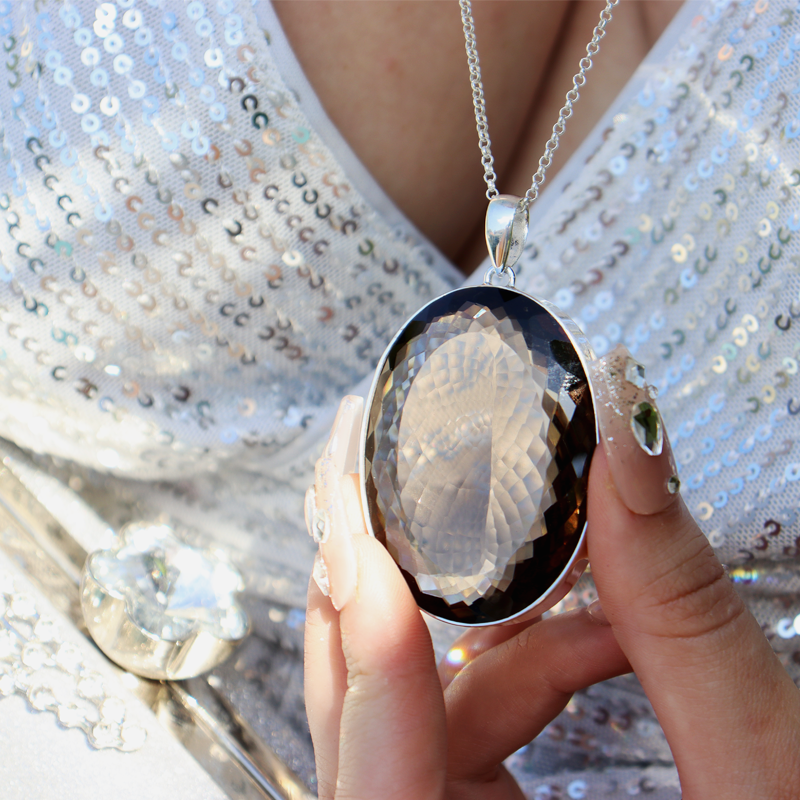 large smoky quartz oval silver gemstone pendant